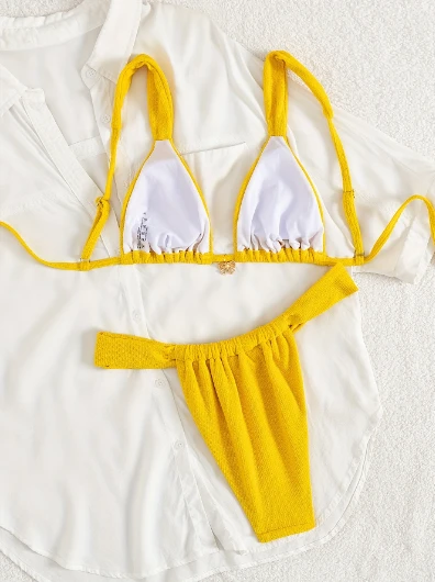 Bright Yellow Crinkle Textured Bikini Set Triangle Cups Adjustable Shoulder Straps High Cut Stretch Fabric Quick-Dry Breathable factory Bright Yellow Crinkle Textured Bikini Set Triangle Cups Adjustable Shoulder Straps High Cut Stretch Fabric Quick-Dry Breathable factory
